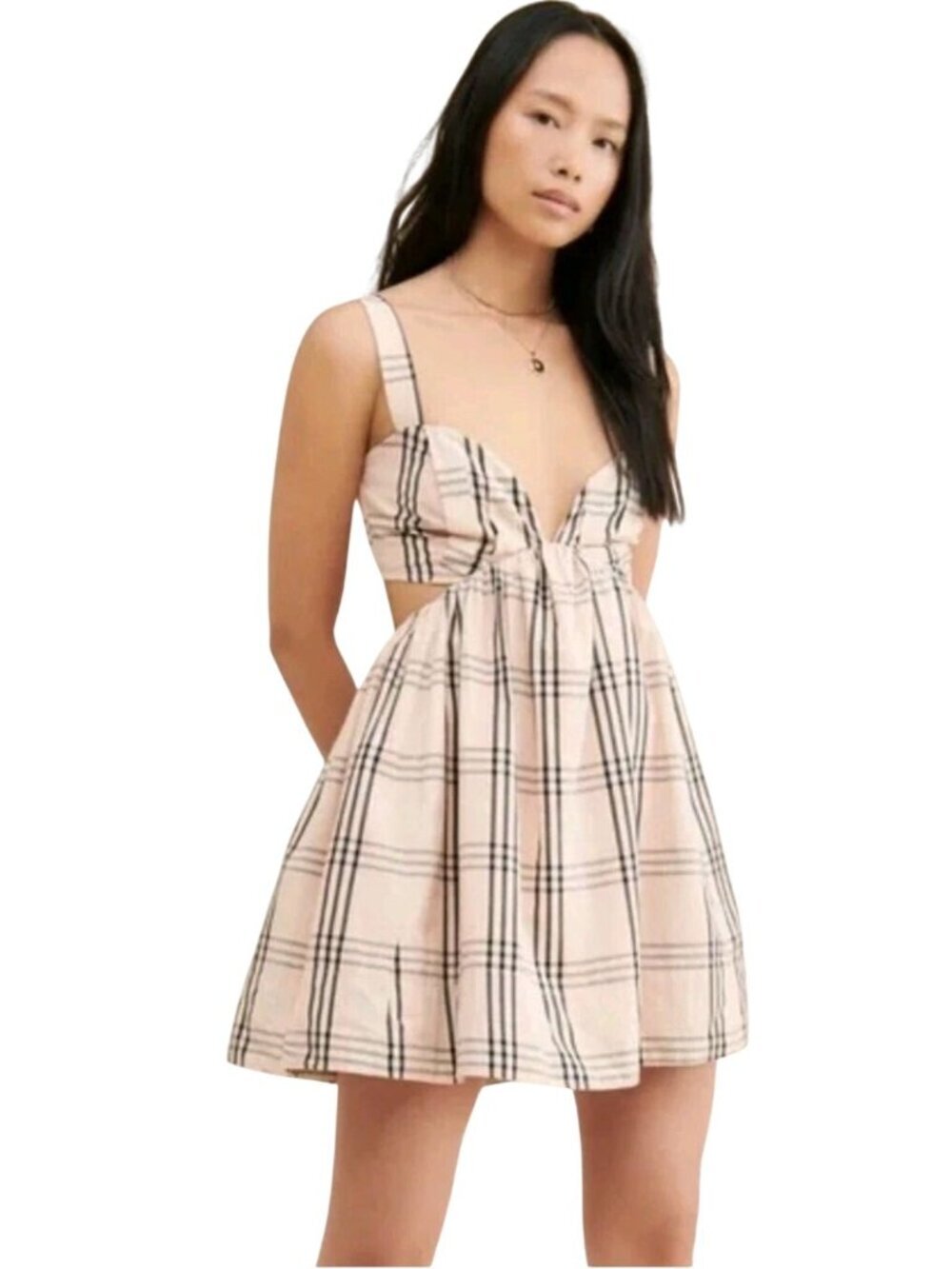 Free People Bridget Mini Dress A Line Cut Out Back Plaid Lined Size M